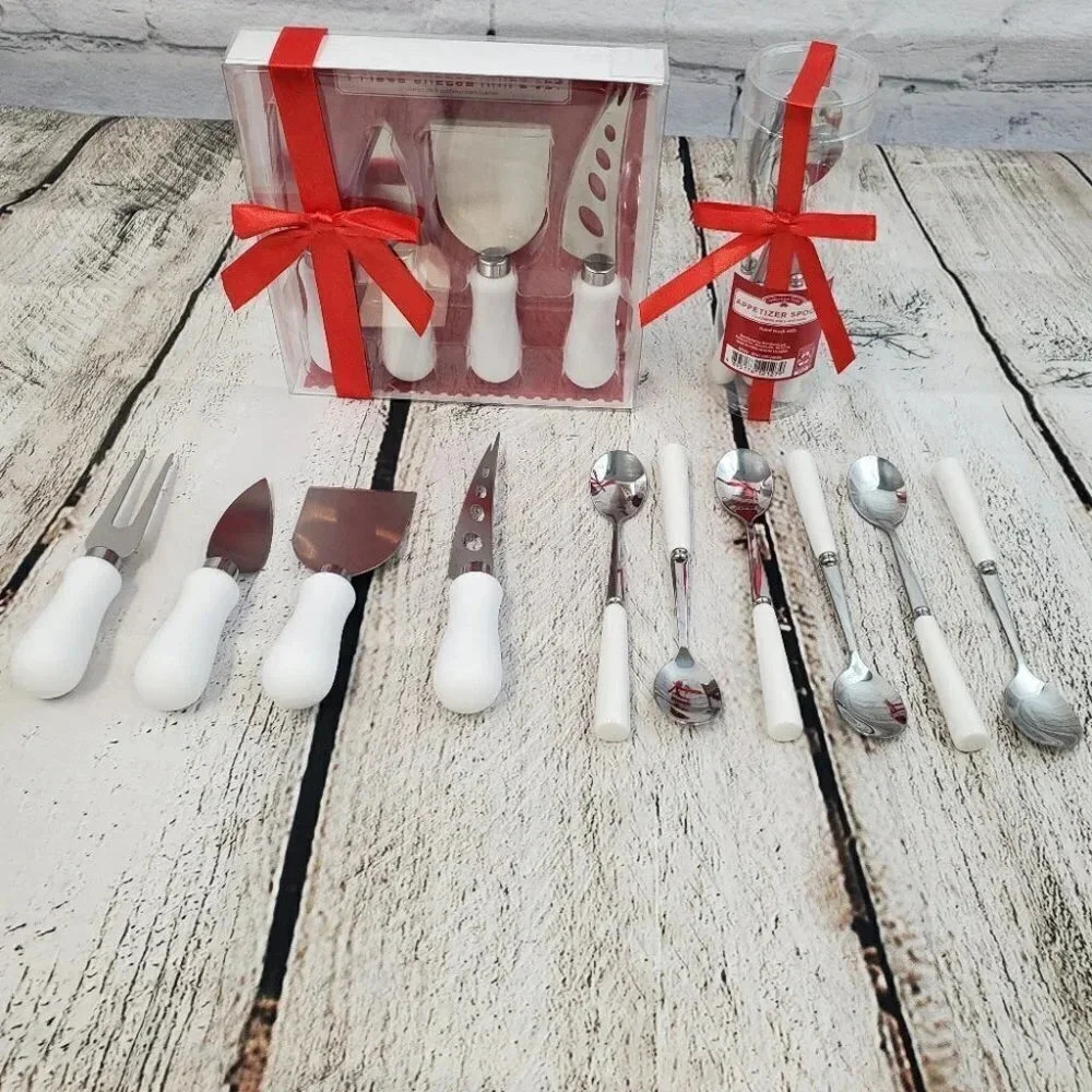 White 4 Piece Cheese Knife Set and White 6 Piece Appetizer Spoon Set - Picture 5 of 7